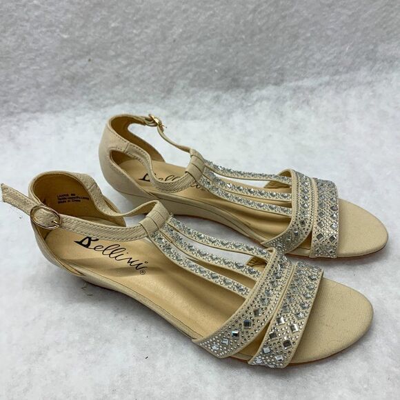 Bellini Laaris Sandals Womens 8M Tan Microsuede Open Toe‎ Flat Bejeweled - Picture 1 of 6